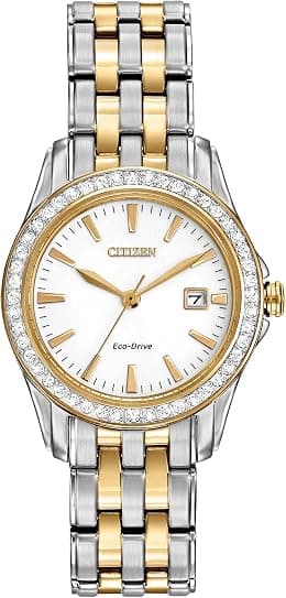 Citizen Watch Silhouette Crystal Women's Quartz Watch with White Dial Analogue Display and Two Tone Stainless Steel Gold Plated Bracelet EW1908-59A - Best Deal Finder