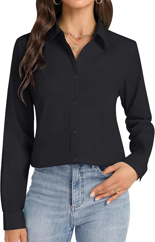 J.VER Womens Button Down Shirt Long Sleeve Dress Shirts Wrinkle Free Stretch Solid Work Blouse on Amazon.ae - Price Tracker