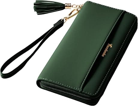 Travelambo Womens Wallet Tassel Bifold Ladies Cluth Wristlet Wrist strap Long Purse (Access Green Coal) on Amazon.ae - Price Tracker