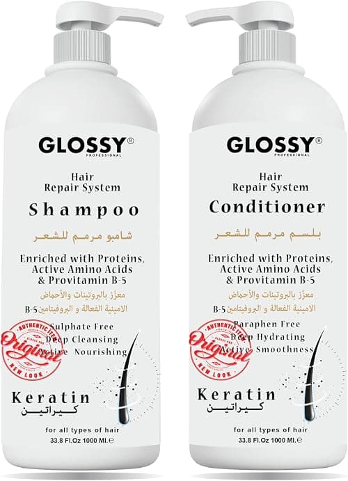 Glossy Professional Shampoo & Conditioner, Natural, Sulphate Free, Deep Cleaning & Hydrating Treatment, After Straightening, Unisex For Daily Use 1000 ML Set of 2 Pce (Keratin Shampoo & Conditioner) on Amazon - Best Deal Finder