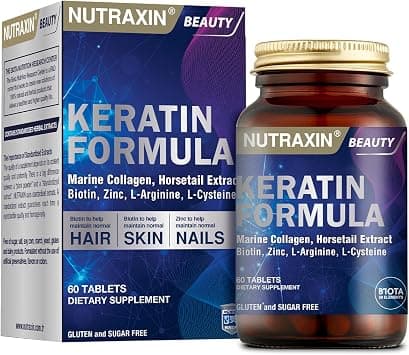 Nutraxin Keratin Formula with Collagen & Biotin, Hair Skin and Nails Support Supplement, Helps Strengthen Hair, Improve Skin Elasticity & Nail Health, 60 Tablets on Amazon.ae - Price Tracker