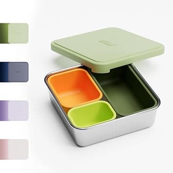 BEOLA Stainless Steel Snack Box, 3 Silicone Compartments, BPA Free, Leakproof Bento Box Snack Container, Ideal for School, Picnic & Everyday Use (Green) على Amazon.ae - متتبع الأسعار