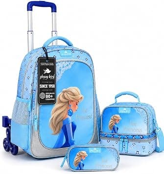Kids 3 Wheel Trolley School Backpack Set, 3 wheel Detachable Rolling School Bag with Lunch Bag and Pencil Case for Kids (Ice Princess) على Amazon.ae - متتبع الأسعار