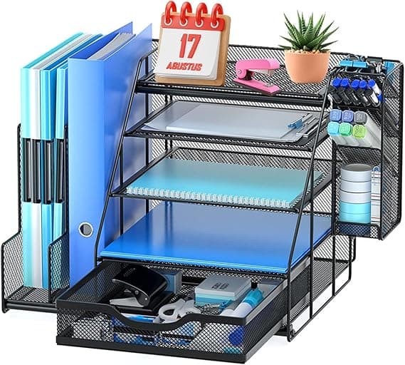 Office Desk Organizer with Vertical File Folder Holders, 5-Tier Mesh Paper Letter Tray Organiser with Hanging Pen Holder and Drawer Multifunction Office Supplies and Accessories for Office School Home on Amazon.ae - Price Tracker
