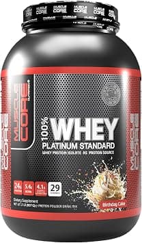 MuscleCore 100% Whey Platinum Standard Protein Powder, Birthday Cake Flavor, 24g Protein, 5.4g BCAAs, Zero Sugar, 2LB على Amazon.ae - متتبع الأسعار