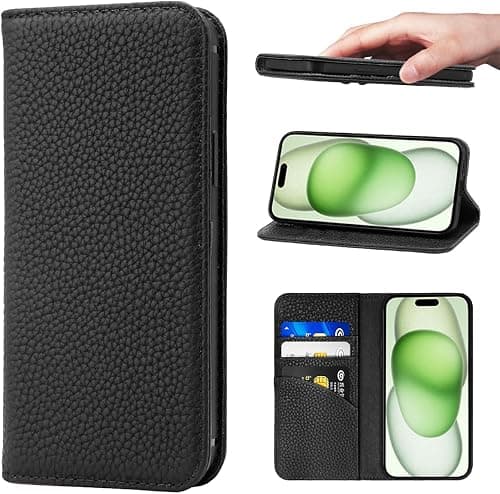 iPhone 15 Plus Wallet Case Genuine Leather RFID Blocking Card Holder folio Flip Case Magnetic Closure Shockproof Flip Cover - Black على Amazon.ae - متتبع الأسعار