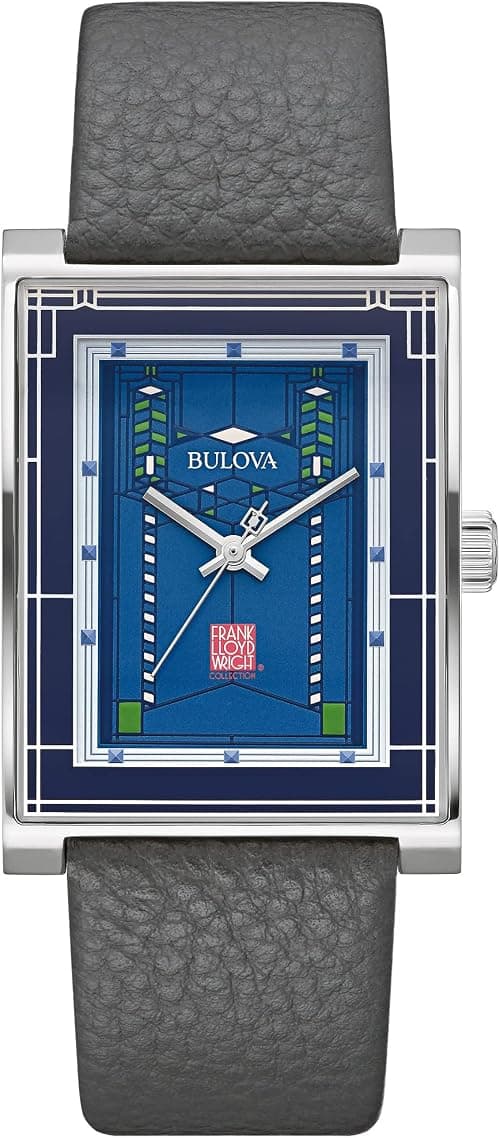 Bulova Frank Lloyd Wright Robie House Stainless Steel 3-Hand Quartz Watch, Gray Leather Strap Style: 96A287, Silver-Tone and Blue على Amazon.ae - متتبع الأسعار