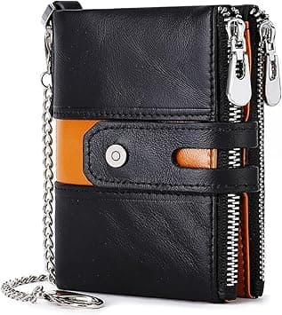 Excefore Mens Wallet with Chain Genuine Leather RFID Blocking Bifold Biker Wallet Double Zipper Coin Pocket Purse with Long Anti-Theft Chain (Black with Orange) on Amazon.ae - Price Tracker