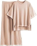 Faleave Women's Knit Sweater Set, Short-Sleeved, No Buttons, Elastic Waist, Wide-Leg Lounge Pants, 2-Piece Set - Best Deal Finder