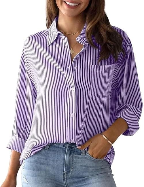 hathne Women's Button Down Striped Shirts Casual V-Neck Long Sleeve Stripes Business Blouses with Pocket on Amazon.ae - Price Tracker