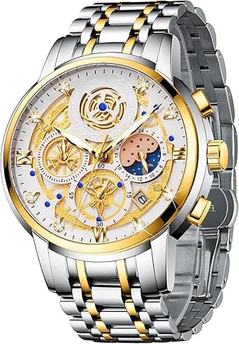 Luxury Men's Moon Phase Watch Multifunction Chronograph Quartz Wristwatch with Luminous Dial Waterproof Stainless Steel Strap on Amazon.ae - Price Tracker