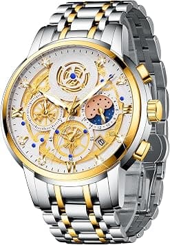 Luxury Men's Moon Phase Watch Multifunction Chronograph Quartz Wristwatch with Luminous Dial Waterproof Stainless Steel Strap - Amazon.ae Price Tracker