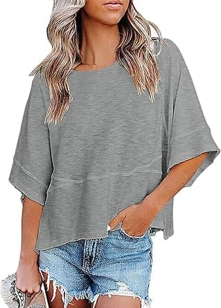 Womens Fashion T-Shirt CrewNeck 3/4 Sleeves Solid Color Loose Basic Pullover Tops Summer Casual Tees Blouses on Amazon.ae - Price Tracker