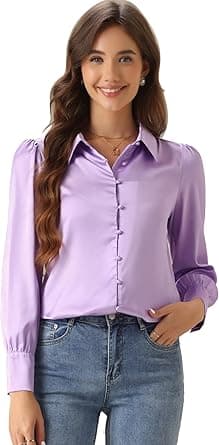 Women's Satin Blouse Puff Long Sleeve Collared Button Down Shirt Dressy Office Work Top Business Casual on Amazon.ae - Price Tracker