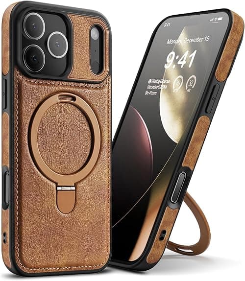 Magnetic Leather Case for iPhone 17 Pro Max, Military Grade Drop Protection, Slim Back Cover with Adjustable Stand, Compatible with Magsafe, Slim Kickstand Phone Cover, Brown على Amazon.ae - متتبع الأسعار