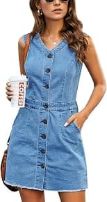 LookbookStore Women Sleeveless V Neck Button Down Frayed Hem Short Denim Dress - Best Deal Finder