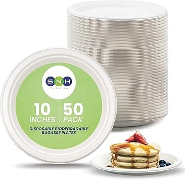 SNH Packing Eco Friendly Bagasse Biodegradable Plate 10 Inch Disposable, Made From 100% Sugarcane Plates, Natural Alternative To Paper Plate, Everyday Tableware, Heavy Duty Microwaveable - 50 Pieces. on Amazon.ae - Price Tracker