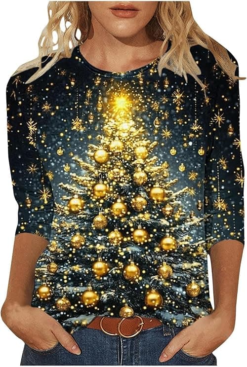 Womens Christmas Tops Funny Xmas Tops Plus Size 3/4 Sleeve Round Neck Blouses Xmas Tree Snowflake Santa Printed Funny Ugly Christmas Jumper Loose Blouse Oversized T Shirts Sweatshirt on Amazon.ae - Price Tracker