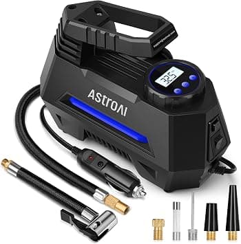 AstroAI Tire Inflator Air Compressor 12V DC Portable Car Air pump 150 PSI | Portable Electric Car Tyre Pump with Tyre Pressure Gauge, Auto-Stop Tyre Inflator with Valve Adaptors and LED Light, Blue - متتبع أسعار Amazon.sa