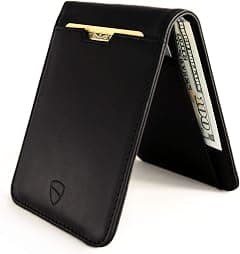 Vaultskin MANHATTAN Slim RFID Blocking Bifold Leather Wallet for Men | Front pocket minimalist card holder, holds 9 cards, cash, premium leather, US Dollars Version. Includes a gift box - متتبع أسعار Amazon.sa
