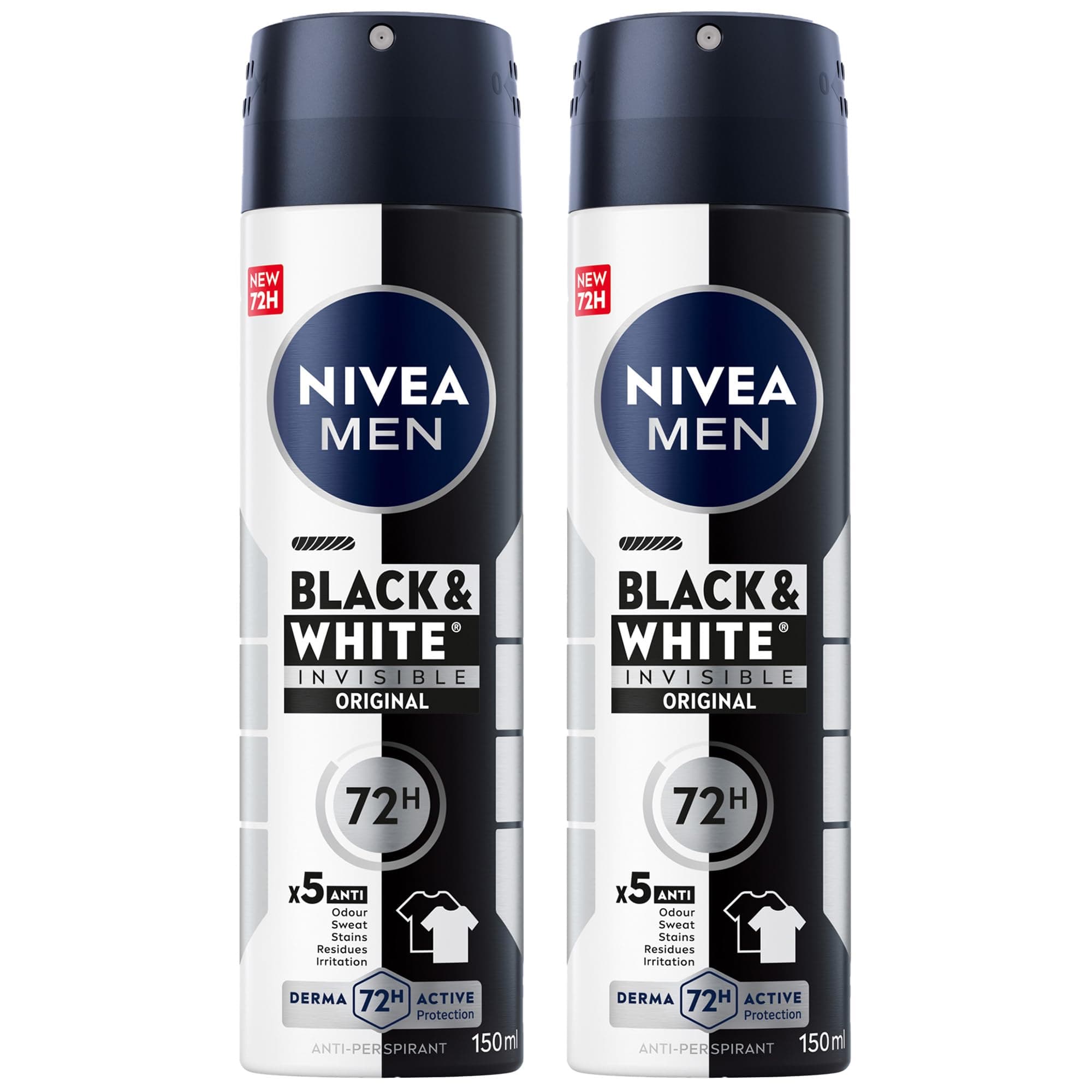 NIVEA MEN Black & White Invisible Antiperspirant Deodorant Spray, Original, 72H Active Protection, 5IN1, Anti-Odour, Sweat, Stains, Residues & Irritation, 2x150ml on Amazon.ae - Price Tracker