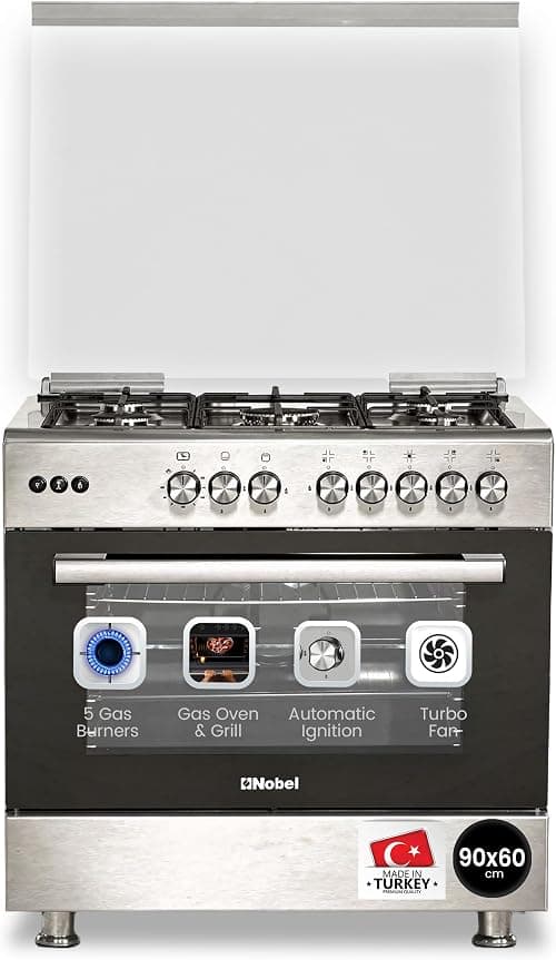 90x60 cm Gas Cooking Range with 5 Burners & 110L Gas Oven Rotisserie, Turbo Fan, Cast Iron Pan Supports, Double Glass Door (Made in Turkey) – NGC9696K على Amazon.ae - متتبع الأسعار