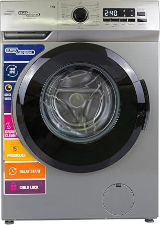 Super General SGW6250NLEDS 6 Kg Front Load Washing Machine, 1000 RPM, 15 Wash Programs, Quick Wash, Delay Start, Drum Clean, Child Lock, LED Display, 59.5 x 40 x 85cm (WxDxH), Silver, 1-Year Warranty على Amazon.ae - متتبع الأسعار