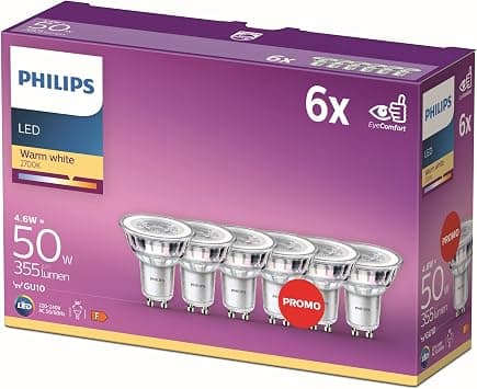 لمبة ضوئية LED طراز GU10 من فيليبس، 4.6 واط (50 واط) - ابيض دافئ، حزمة من 6 قطع - متتبع أسعار Amazon.sa