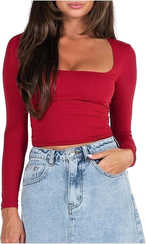 Tops Women's Slim Fit Long Sleeve Crop Top - Square Neck Solid Color T-Shirt - Fashionable Dressy Blouse for Summer & Fall 2024 on Amazon.ae - Price Tracker