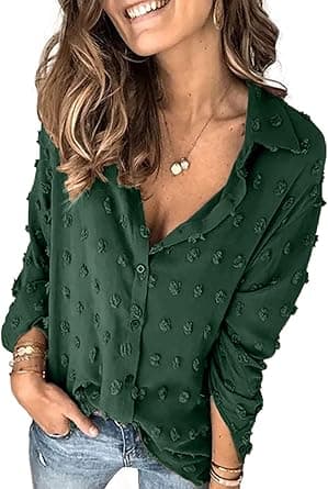 Astylish Womens Soft Cuffed Sleeve Pompom Collar Shirts Long Plus Size Button Down Blouse Tops Green Small on Amazon.ae - Price Tracker