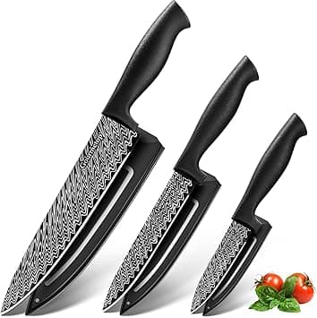 Kitchen Knife Set with Cover 3 Pcs, Black Chef Knife Set for Cooking, Sharp Kitchen Knives with Sheath, 8'' Chef Knife, 5'' Utility, 3.5'' Paring, Damascus Pattern Kitchen Knife for Cutting on Amazon.ae - Price Tracker