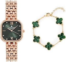 Carlton London Women Green Dial Watch and Bracelet | Stainless Steel, Premium, Stylish Analog Wrist Watch with Golden Strap & Bracelet Set, Elegant Quartz Timepiece | Water Resistant | Luxury Square - Best Deal Finder