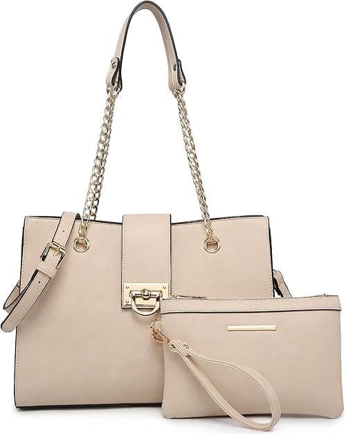 Dasein Women Fashion Tote Bags Handbag Purse Chain Shoulder Bag Top Handle Bag Hobo With Matching Clutch (Beige) on Amazon.ae - Price Tracker