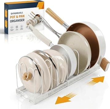 Pot Lid Holder, White, Expandable Pot Lid Organiser with 10 Adjustable Dividers, Pan Organiser for Cabinet, Drawer, Pots, Lids and Chopping Boards on Amazon.ae - Price Tracker