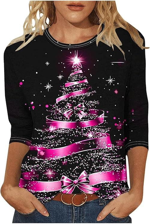 Christmas T Shirts Women Plus Size 3/4 Sleeve Tops Crew Neck T Shirt Novelty Xmas Jumpers Christmas Tree T Shirt Funny Ugly Tops Ladies Xmas T Shirts Dressy Tunics Tops Pullover Blouse on Amazon.ae - Price Tracker