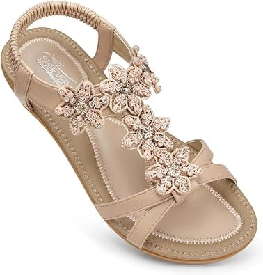 SHIBEVER Women Sandals Summer Boho Casual Flat Ankle T-Strap Thong Elastic Comfortable Flip Flops Beach Shoes Sandal on Amazon.ae - Price Tracker