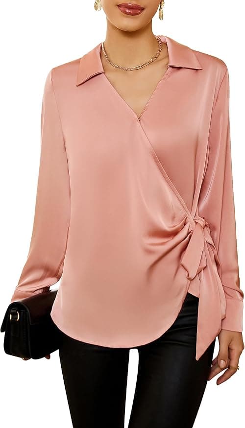 GRACE KARIN Women's Satin Silk Blouses Wrap V Neck Shirts Long Sleeve Elegant Tie Waist Office Formal Work Tunic PulloverTops on Amazon.ae - Price Tracker