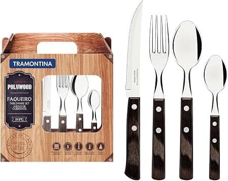 Tramontina Cutlery Set with Steak Knives, 24 Piece Sharp Knife, Forks, Teaspoons, Tablespoons with Wooden Handles, Camping, Kitchen, Rustic, Dishwasher Safe, 21199905 on Amazon.ae - Price Tracker