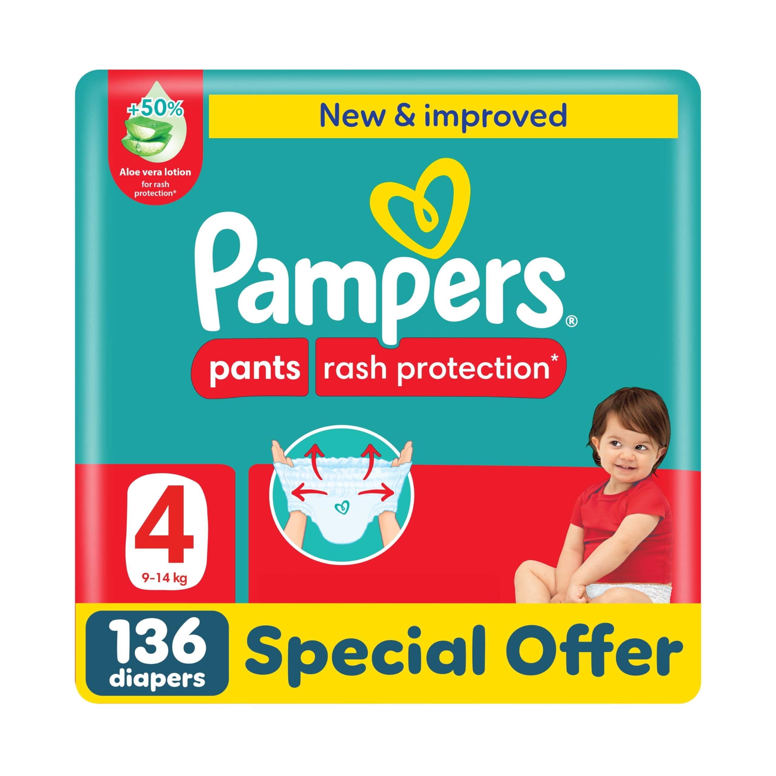 Pampers Rash Protection Pants Diapers, Size 4, 9-14kg, +50% Aloe Vera Lotion, 360° Leak-Free Fit for up to 100% Leakage Protection, Giant Pack, 136 Count on Amazon.ae - Price Tracker