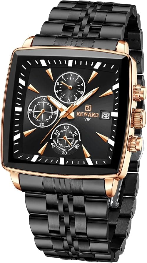Square Mens Wrist Watches, Luxury Fashion Analog Quartz Watch, Classic Big Face Chronograph Waterproof Luminous Date Stainless Business Watches for Men on Amazon.ae - Price Tracker