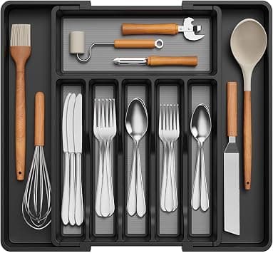 Lifewit Cutlery Tray for Drawers with Non-slip TPR, Adjustable Plastic Organiser Kitchen Depth 42.4 cm, Expandable up to 57 cm, Cutlery Insert for Spoons/Knives, Black & Grey on Amazon.ae - Price Tracker
