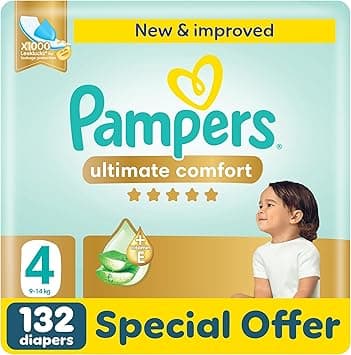 Pampers Ultimate Comfort Taped Diapers, Size 4, 9-14kg, Lotion infused with Aloe Vera and Vitamin E, x1000 Leak Locks Technology for Leakage Protection, Giant Pack, 132 Count - Amazon.ae Price Tracker