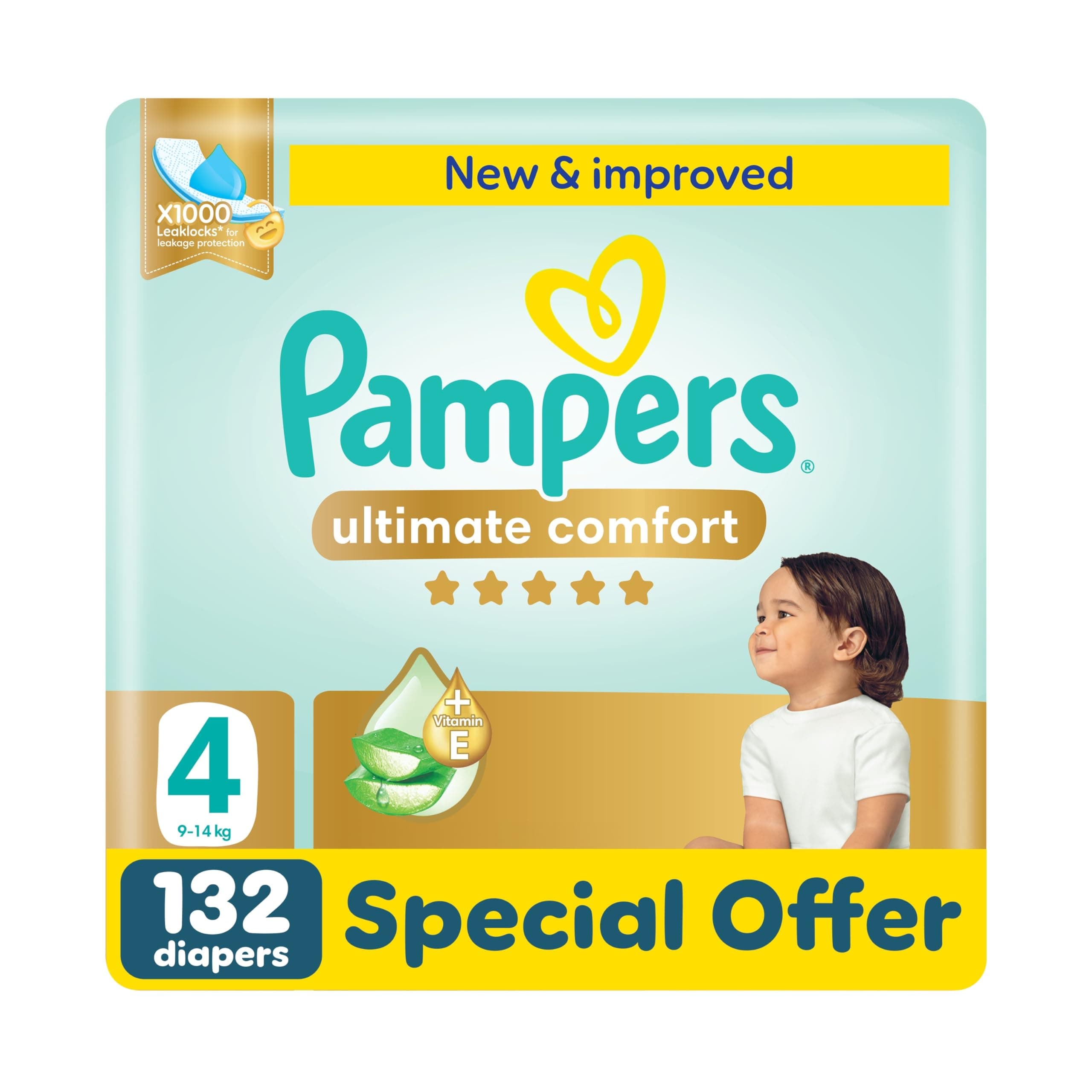 Pampers Ultimate Comfort Taped Diapers, Size 4, 9-14kg, Lotion infused with Aloe Vera and Vitamin E, x1000 Leak Locks Technology for Leakage Protection, Giant Pack, 132 Count on Amazon.ae - Price Tracker