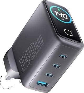 Powerology VoltFlows 140W GaN Charger with Display & AVS Protocol, 3× PD Type-C & 1× USB-A Ports, 4-Port Multi Device Fast Charging, 140W Fast Charger with TFT Screen, Ideal for Laptops & iPhone 17 on Amazon.ae - Price Tracker