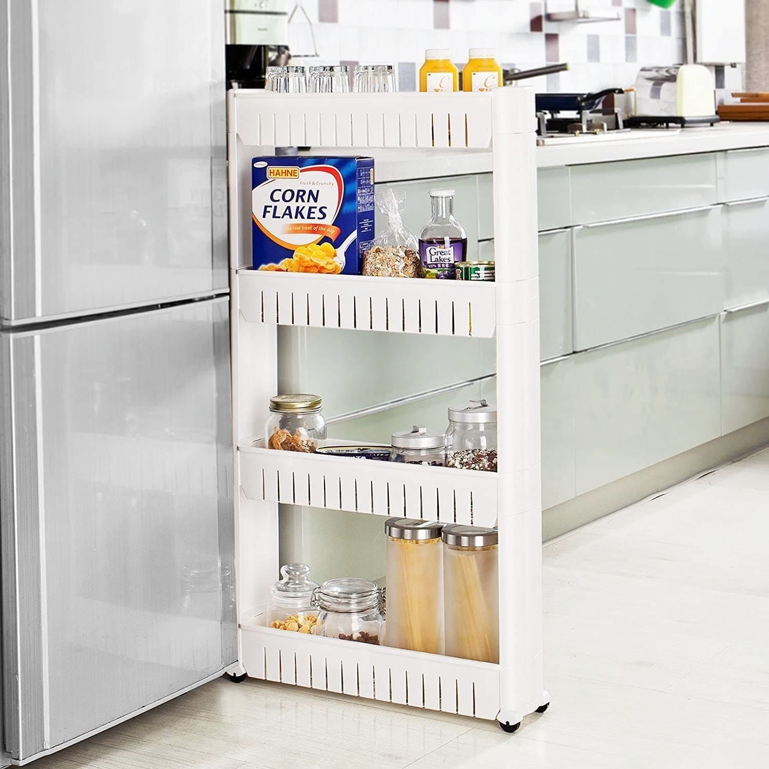 SKY-TOUCH 4 Tier Kitchen Plastic Storage Shelf Slim, Mobile Narrow Rolling Cart with Wheels, Storage Cart for Kitchen Bathroom Laundry Office Narrow Places on Amazon.ae - Price Tracker