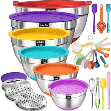Umite Chef Mixing Bowls with Airtight Lids, 26Pcs Stainless Steel Bowls Set, 3 Grater Attachments & Colorful Non-Slip Bottoms Size 7, 4, 2.5, 2.0,1.5, 1QT, Great for Mixing & Serving on Amazon.ae - Price Tracker