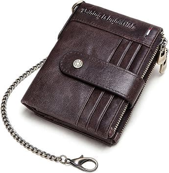DOUGO Genuine Leather Wallets, RFID Blocking Mens Cowhide Leather Wallets, Bifold Double Zipper Coin Pocket with Anti-Theft Chain, Pickpocket Proof Chain Wallets for Men (Coffee) - متتبع أسعار Amazon.sa
