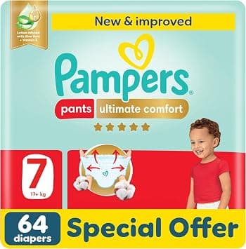 Pampers Ultimate Comfort Pants Diapers, Size 7, 20+kg, Lotion infused with Aloe Vera and Vitamin E, Cottony Soft Fit for up to 100% Leakage Protection, Super Saving Pack, 64 Count - Best Deal Finder