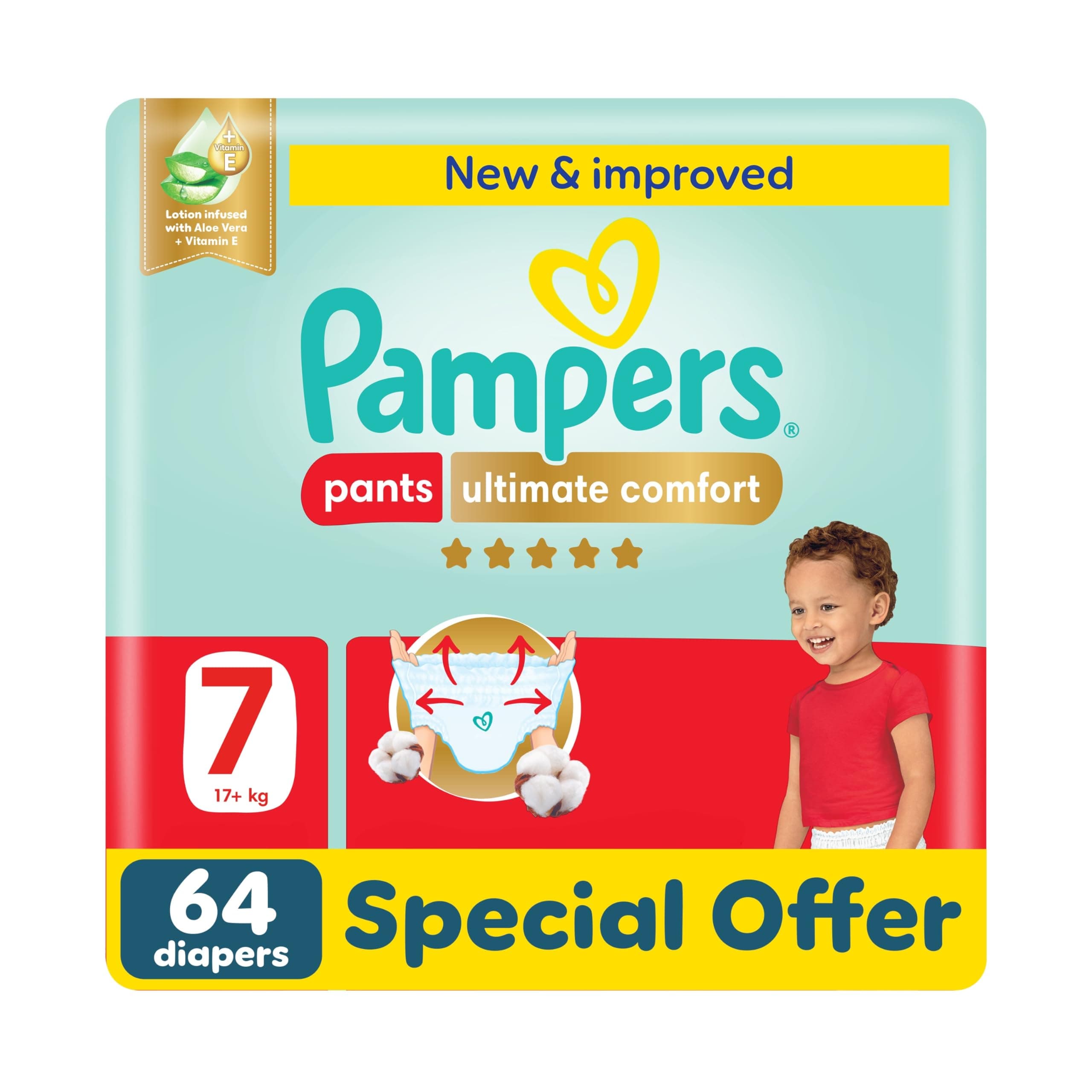Pampers Ultimate Comfort Pants Diapers, Size 7, 20+kg, Lotion infused with Aloe Vera and Vitamin E, Cottony Soft Fit for up to 100% Leakage Protection, Super Saving Pack, 64 Count on Amazon.ae - Price Tracker