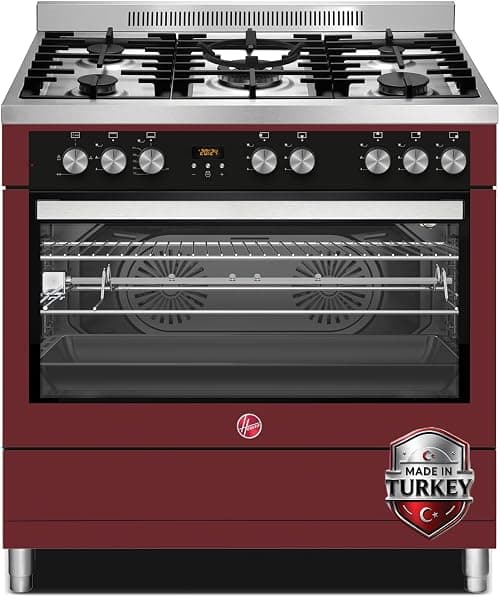 Hoover Full Gas Cooker Oven, 90x60 cm, 5 Gas Burner with 2 Convection Fans 1 Cooling Fan, Self-Cleaning, Close Dooor Grilling, Cranberry Red, 1 Year Warranty,Made in Turkey - HGC-S95G-R على Amazon.ae - متتبع الأسعار